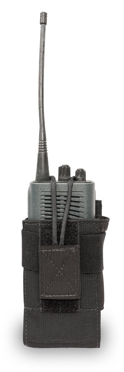 Front view of tactical radio pouch with hook and loop closure
