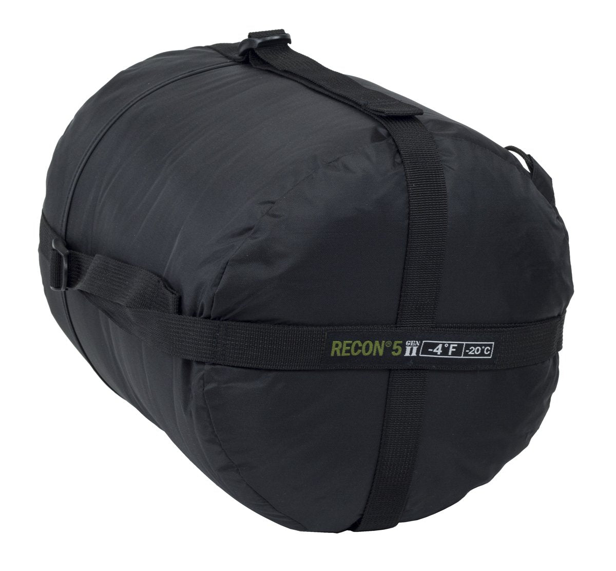 "Recon 5 Gen II lightweight tactical mummy sleeping bag rated for -4°F with waterproof shell and compression sack"

