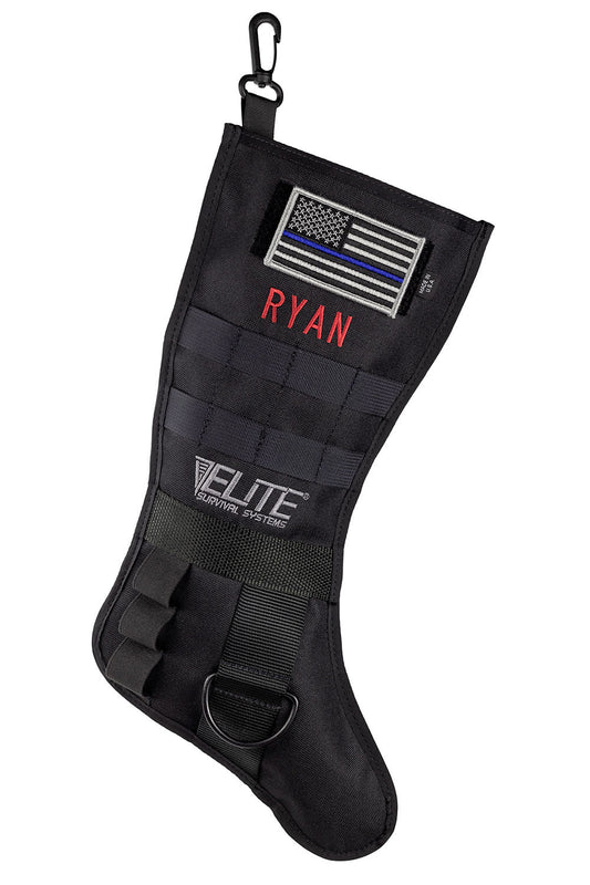 Black tactical Christmas stocking with MOLLE and name embroidery