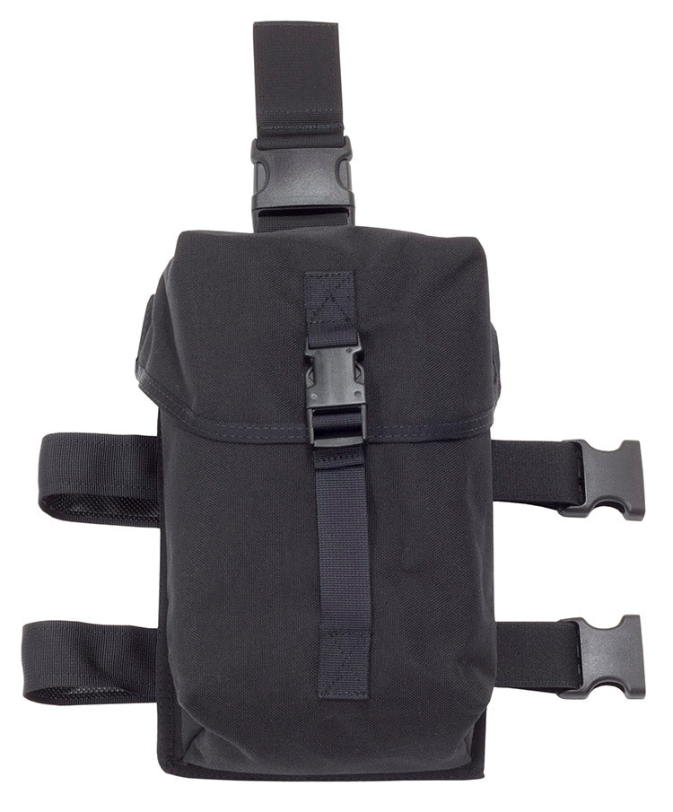 Black tactical thigh gas mask pouch with quick-release straps

