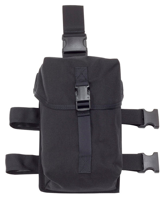 Black tactical thigh gas mask pouch with quick-release straps

